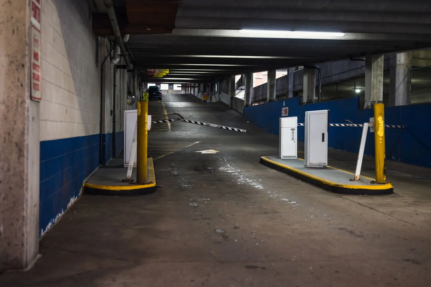 Car park entrance with barrier gates